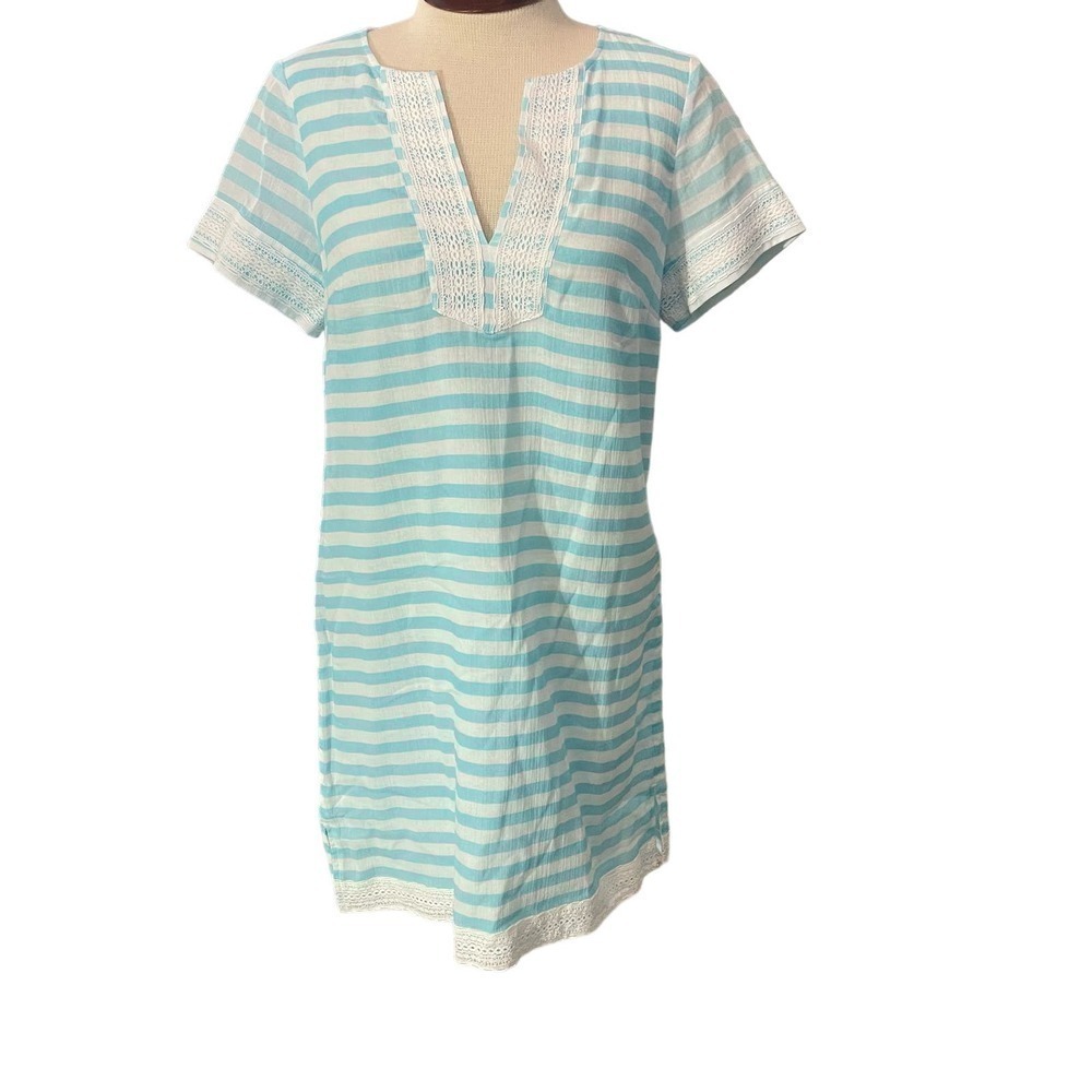 STS Sail to Sable NWT Aqua Blue Striped Short Sleeve Tunic Dress Size Small $160